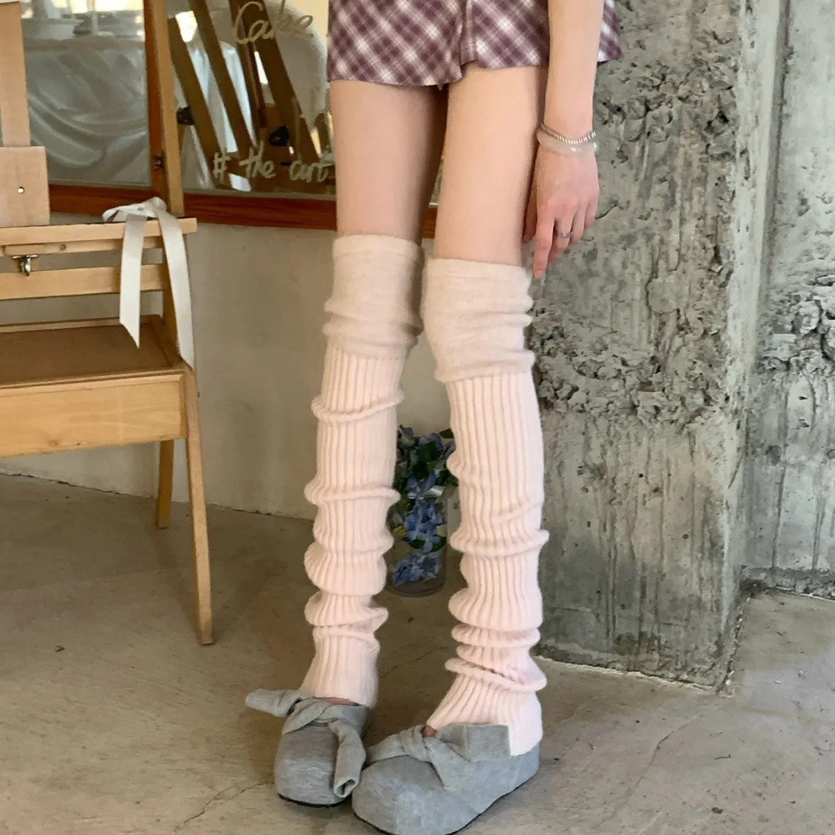 女性用、ゆったりとしたリブ編みのレッグウォーマー、ふわふわのカフ付き、膝丈のロングレッグソックス、秋・冬用、重ね履きできるバレエ風レッグカバー。