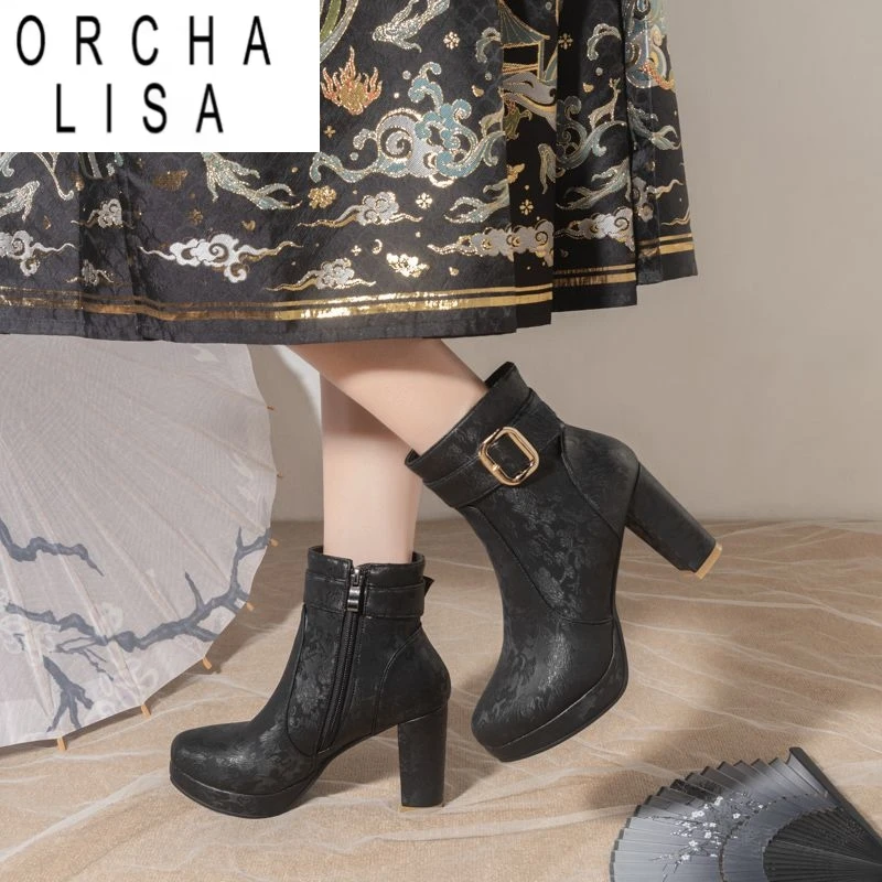 

Женские ботильоны с принтом ORCHA LISA, круглый носок, сверхвысокие каблуки, размер платформы 15 см, 45, 46, 47, ботильоны для свиданий