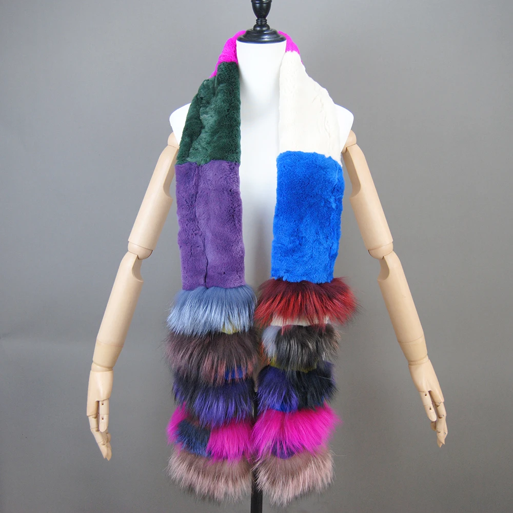 New Natural Soft Knitted Rex Rabbit Fur Scarf Women Winter Long Style Real Fur Muffler Lady Warm 100% Genuine Fox Fur Scarves