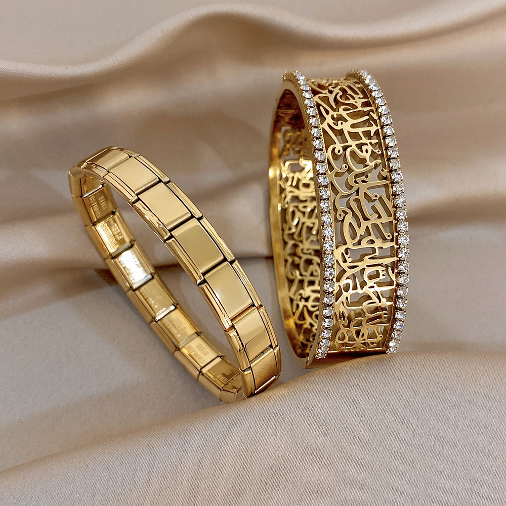 DODOHAO Trendy Golden Stainless Steel Wide Bracelet Bangle for Women Itanlian Elastic Links Chunky Bracelet Waterproof Jewelry