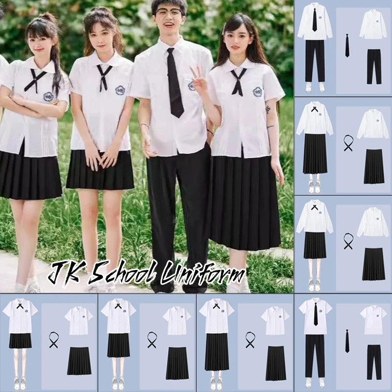 Japanese Style Jk Uniform Short and Long Sleeve Shirt Pleated Skirt or Pants Set School Outfit with Bow Tie for Daily Wear Party