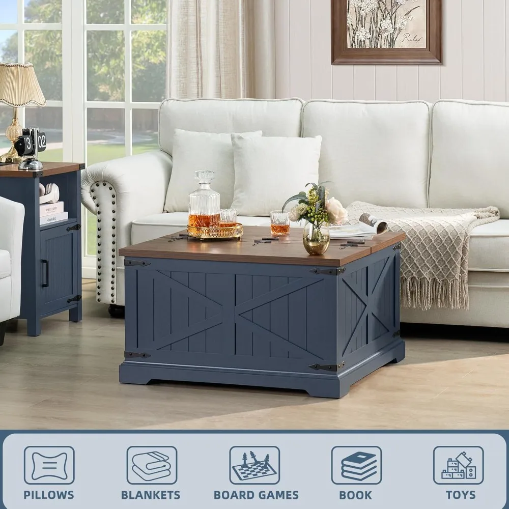 Rustic Modern Farmhouse Coffee Table Navy Blue Square Storage Compartment Living Room Furniture