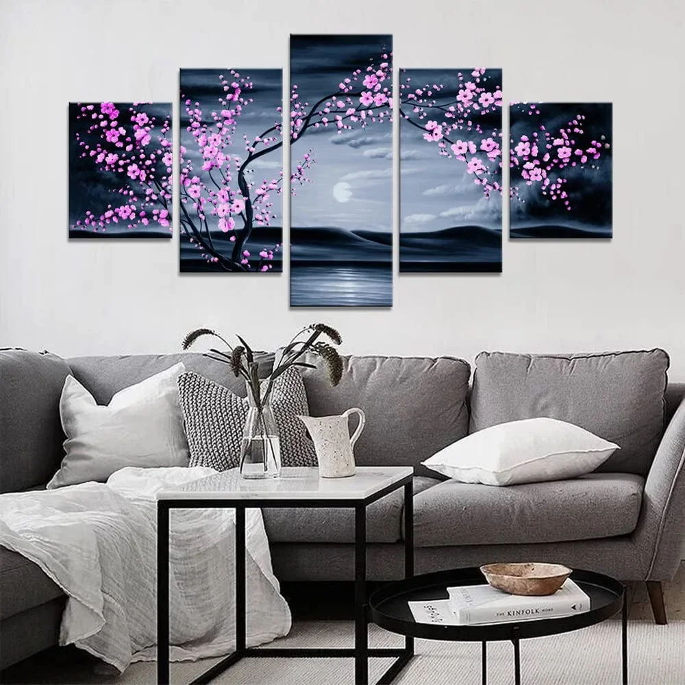 

5 pieces of canvas wall art cherry blossom posters, living room floral decoration, bedroom modern plant image home paintings