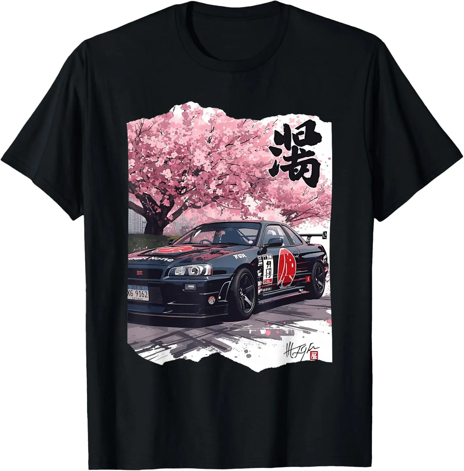Vintage JDM Drift Race Car Kanji Sakura Flower Blossom Art T-Shirt 100% Cotton Trendy Y2K Short-Sleeve Tee-Soft, Quick-Drying,