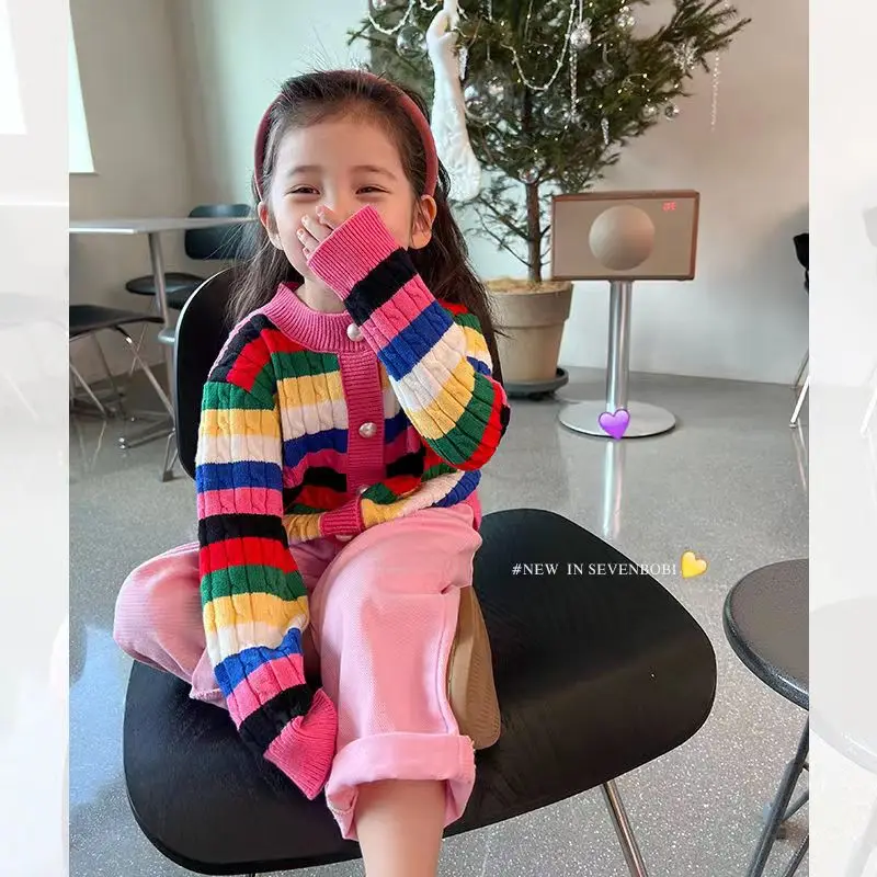 

Colorful Striped Sweater For Girls Autumn Cotton Fashion Multicolor Button Cardigan Knitted Coats for Big Girls Children Clothes