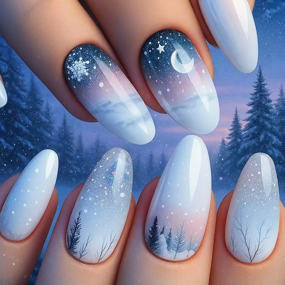 Mittellange künstliche Nägel für Weihnachten. Schwarze, rote, blaue Nagelspitzen, weiße Schneeflocken, Feuerwerk. Quadratische Mandelspitzen zum Aufdrücken künstlicher Nägel