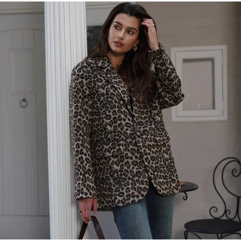 Leopardo impressão feminina blazer terno casual entalhado um botão manga longa jaqueta feminina 2025 moda outono senhora do escritório outwear casaco