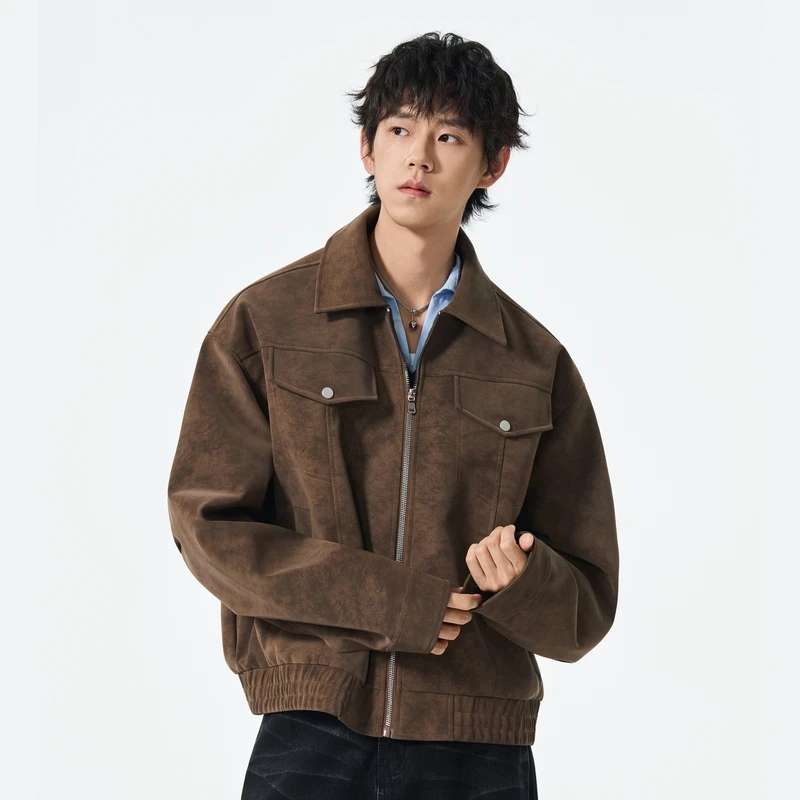 

Casual American Sle Loose Fit Leather Jaet for Men Trendy Turn-down Collar Outerwear Youth ular Polyester Fiber