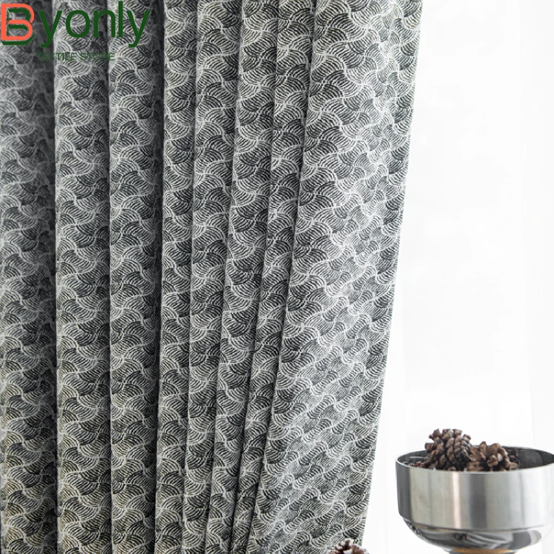 Black and White Thickened Line Jacquard Cotton Linen Blackout Curtains for Living Room Bedroom French Window Bay Window Study