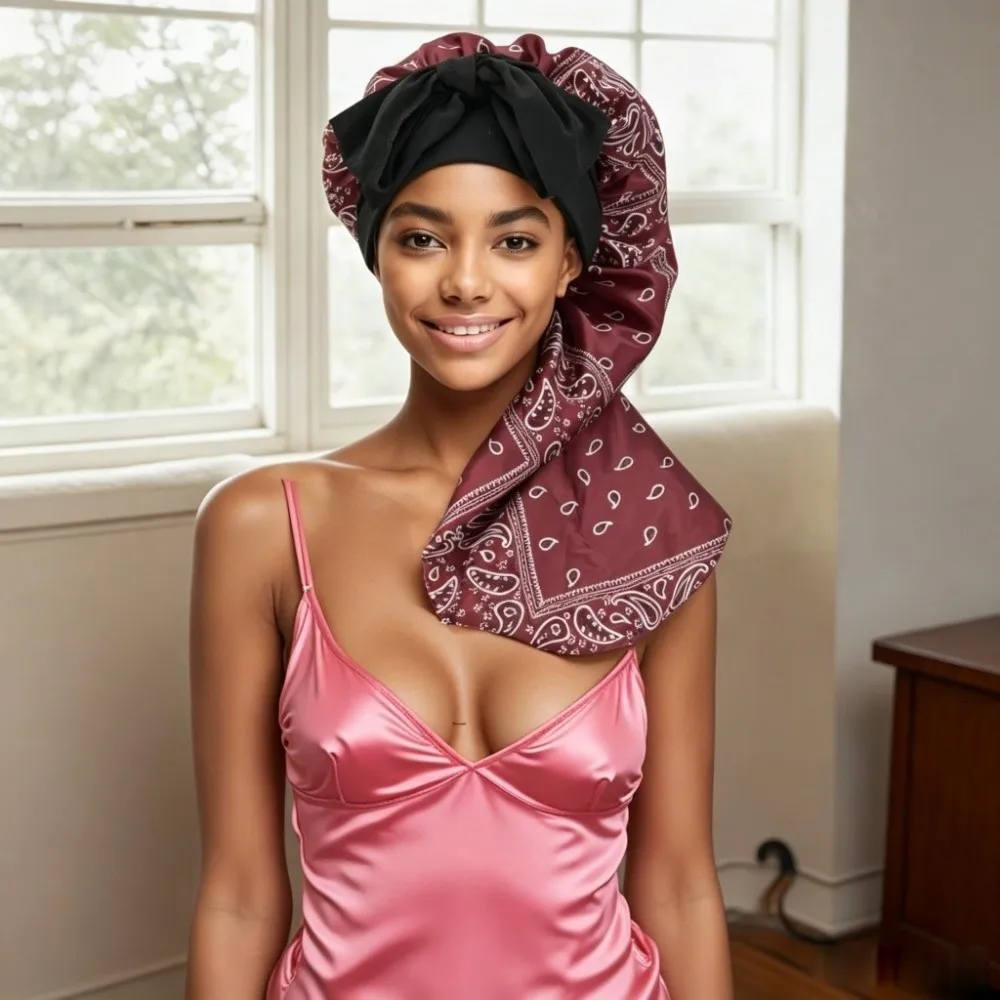 Satin Material Silk Hair Bonnet Leopard Print Wide Elastic Band Hair Protector Bonnet Anti-UV Bowknot Design