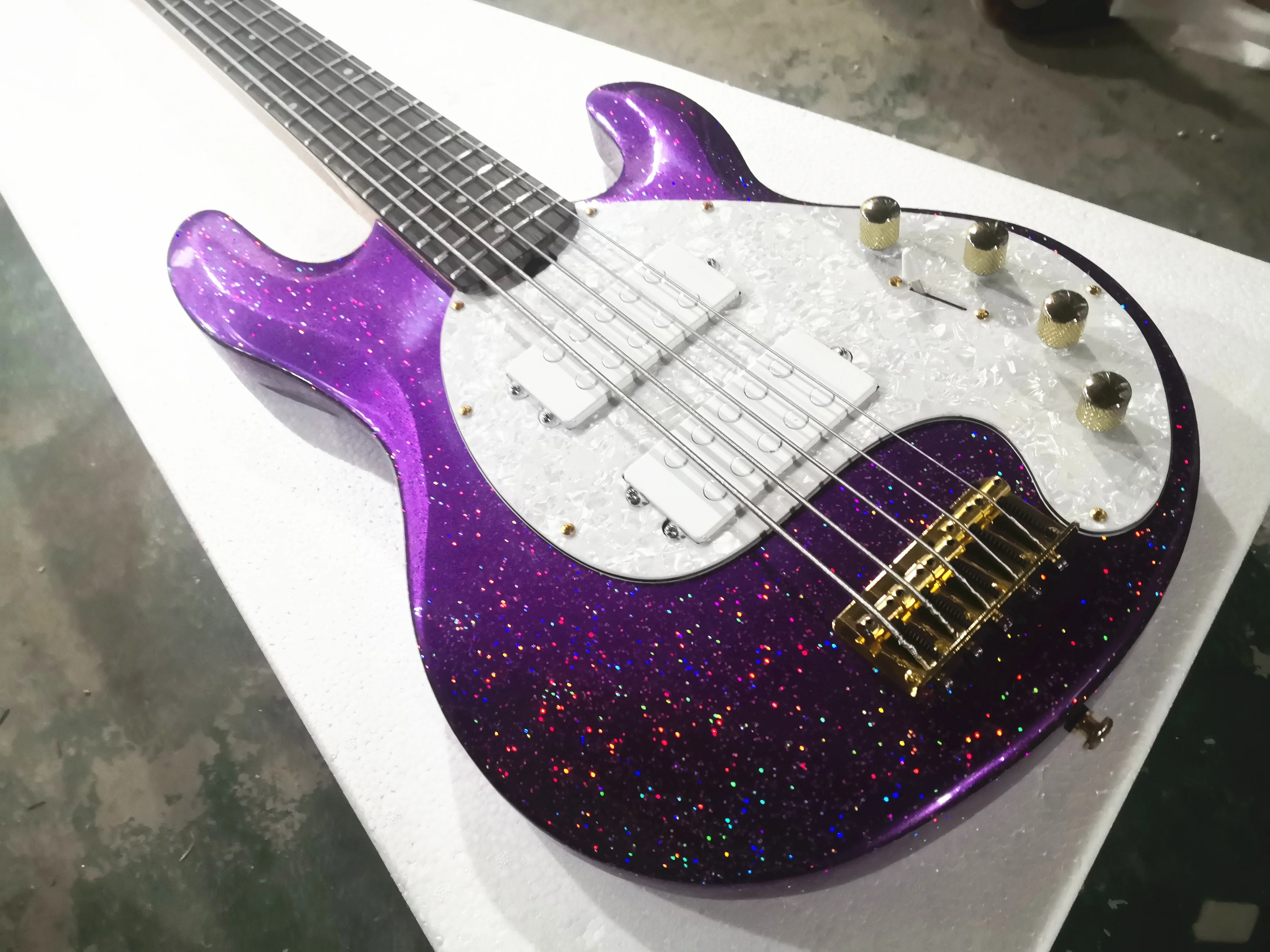 Custom 5 string electric guitar bass Purple silver powder particles HH pickups,white pearl  pickguard,active battery