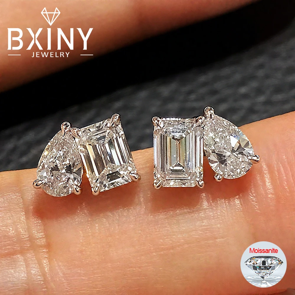 

BXINY 4CT Emerald & Pear Cut Moissanite Stud Earrings S925 Silver 2-Stone Diamomd Ear Studs for Women Gift Jewelry GRA Certified