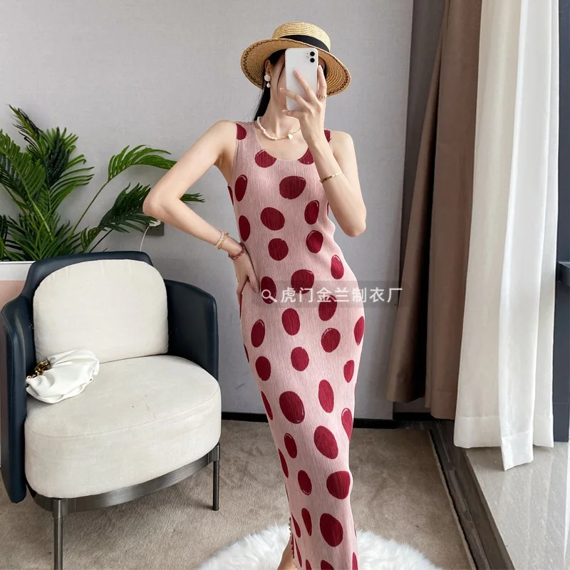 

Miyake Pleated High-end Retro Polka Dot Print Vest Long Skirt Summer Slim Dress Elegant Temperament Age-reducing High-end