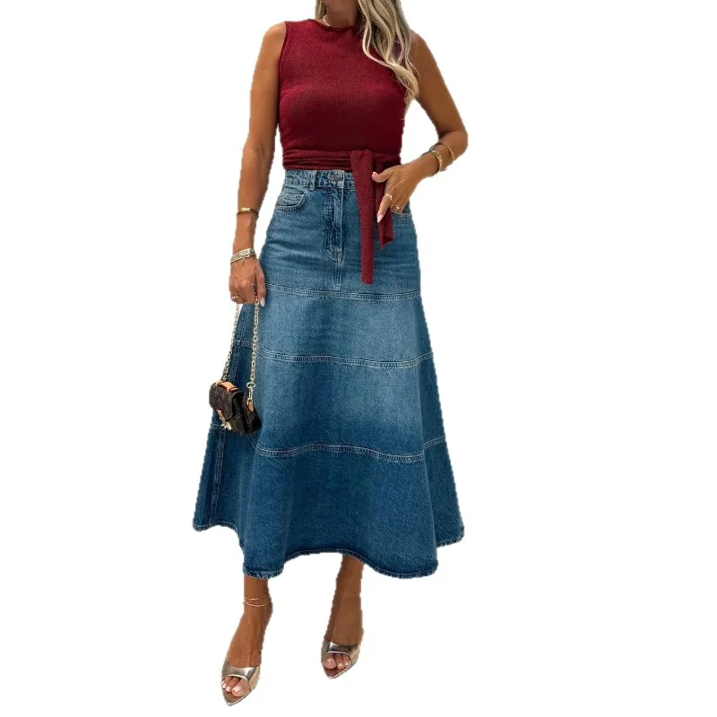 2026 Fashion Denim Skirt Women's Vintage Jean Maxi Skirts Spring Autumn High-waist Streetwear Lady Casual Big-hem A-line Skirts
