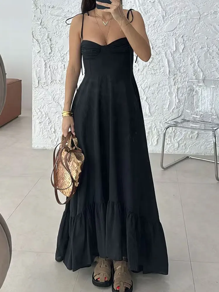 HH Woman Fashion Summer Chic Long Dresses White Sling Sleeveless Backless Lace-Up Decoration Zipper Female Beach Style Dress