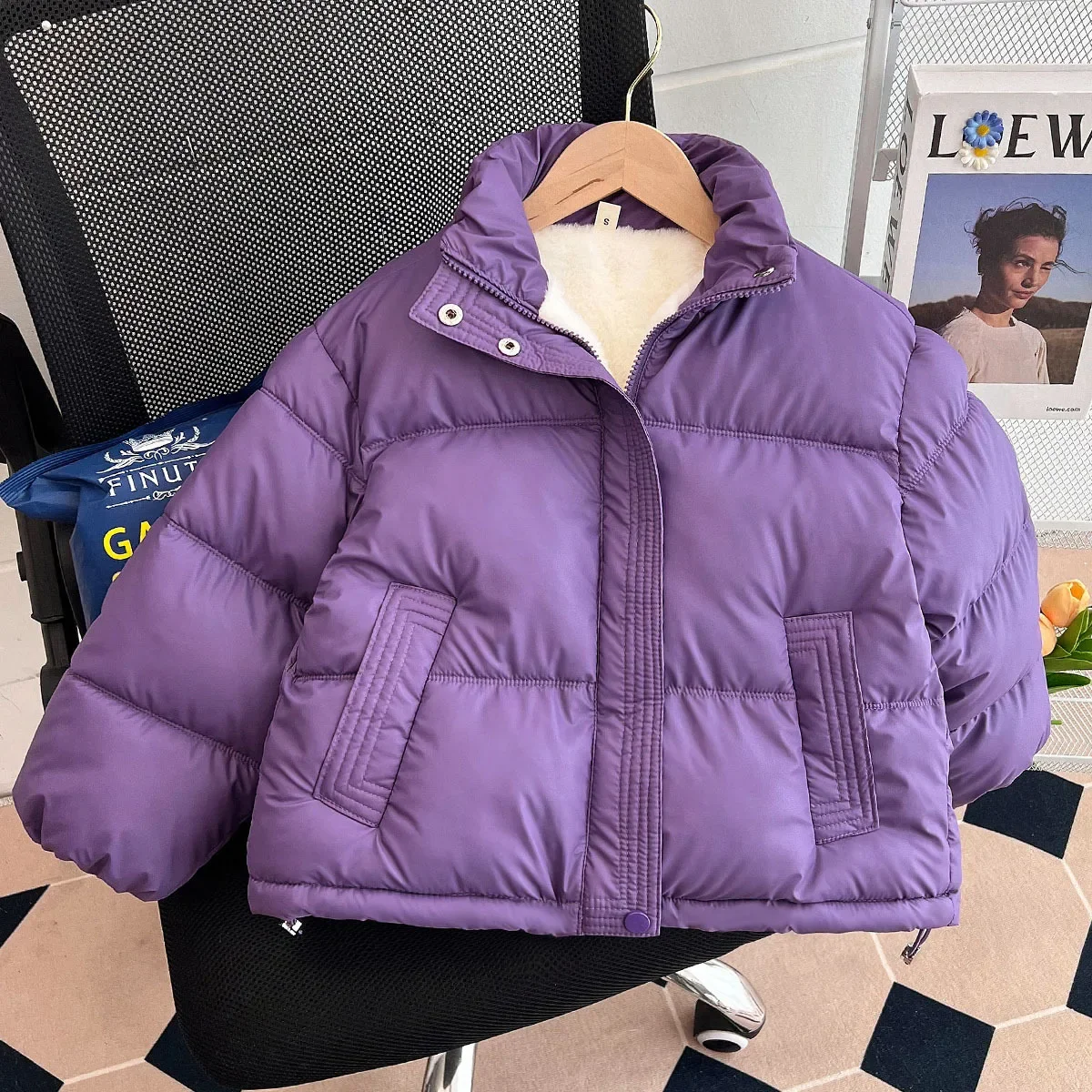 Winter New Girls Coat Plush Lining Short Fashion Children Warm Cotton Jacket Kids Top Pink Black Purple Parkas 3-12 Years TR156