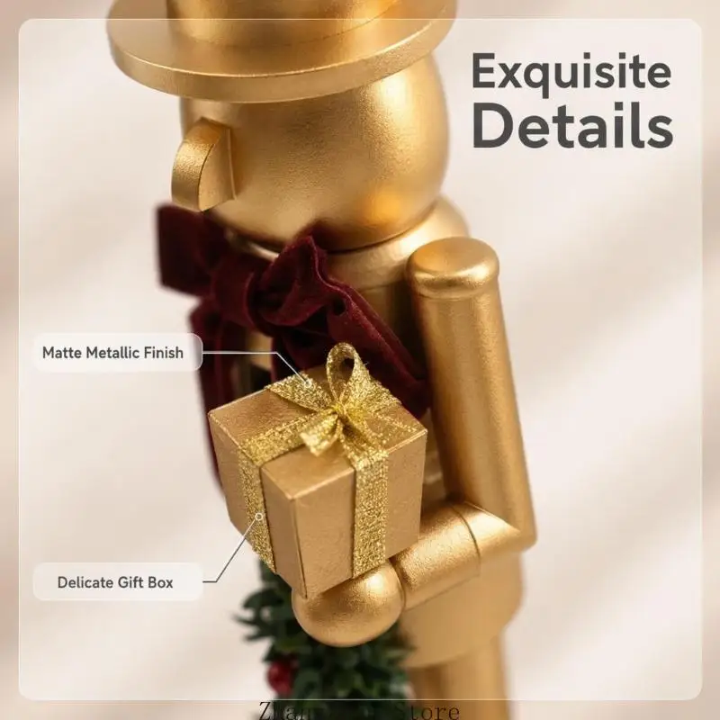 Weihnachts-Nussknacker-Figur, Tischdekoration aus Holz, mattes Gold-Finish mit Kranz-Akzent, 38,1 große Kaminsimse und – Detail 5