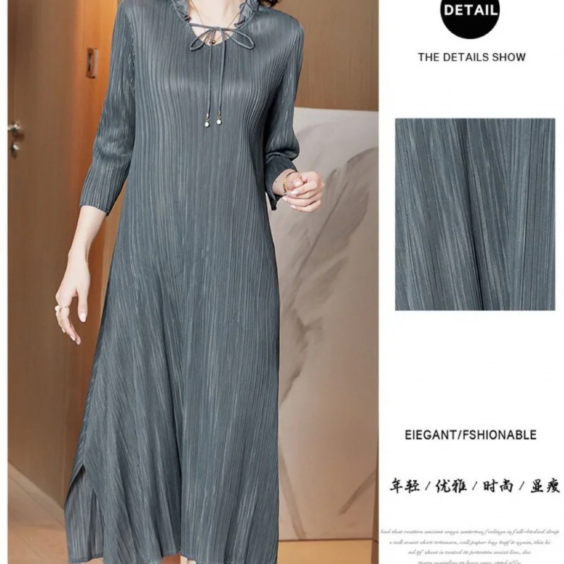 Sanzhai Pleated Clothes 2023 Autumn Loose Waist Fashion Solid Color Mid-Length Temperament Commute Dress