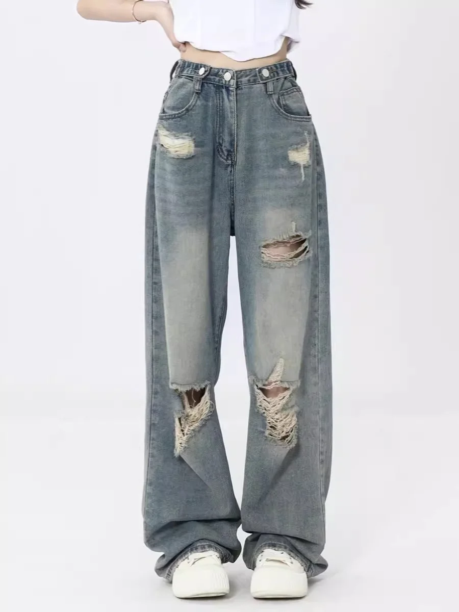 

American Style Retro Hole Denim Jeans Women High Waist Straight Leg plus Size Loose Slimming High Street Wide Leg Floor-Lengt...