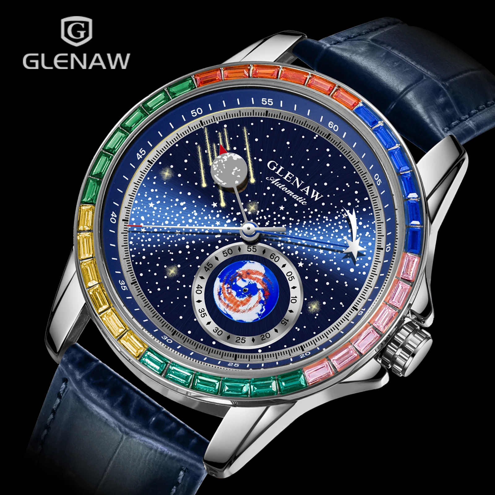 Montre mécanique automatique de luxe haut de gamme GLENAW Design 2026 avec cadran météore rotatif, étanche et lumineuse pour homme