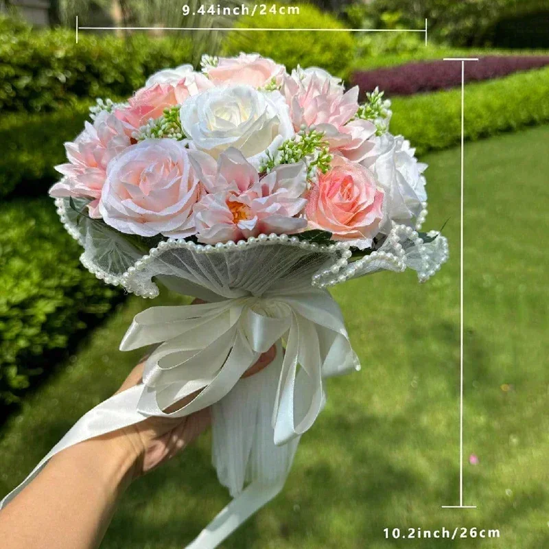1pc Rose Wedding Bouquets for Bride, White Bouquets for Bride Bridesmaid Valentine's Day Decoration Pearl Lace Mesh Rose Flower image 4