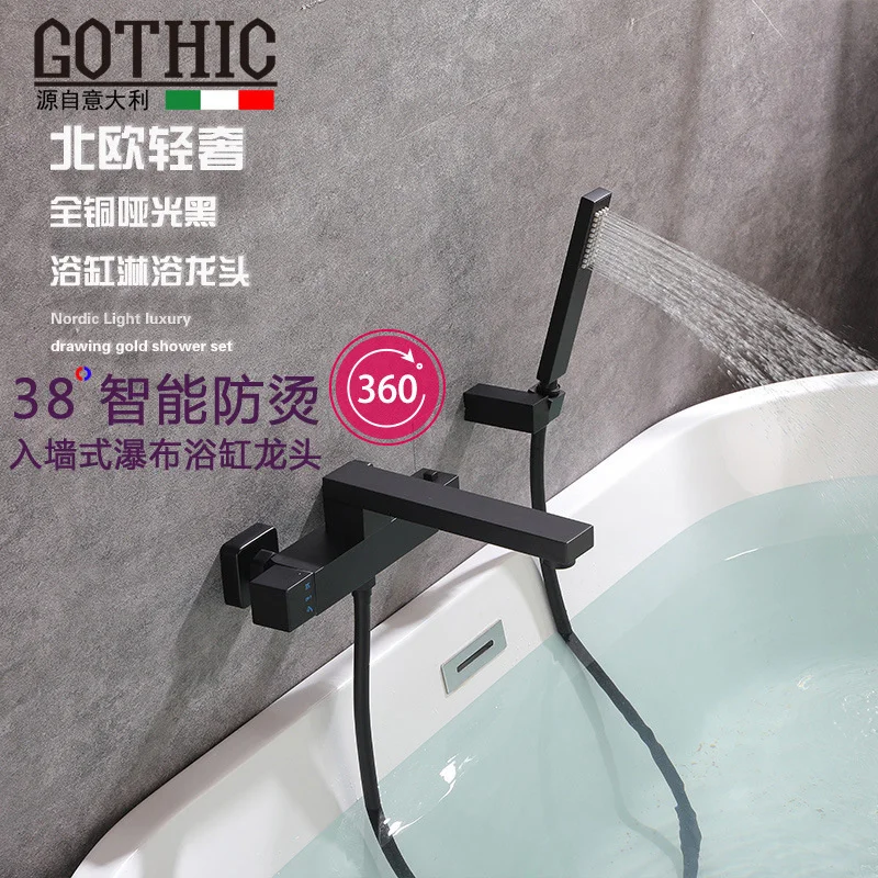 

Gothic Bathtub Thermostatic Faucets Black Brass Shower Faucet Set Wall Mounted Cold And Hot Water Mixer Bathroom Tub Shower Tap