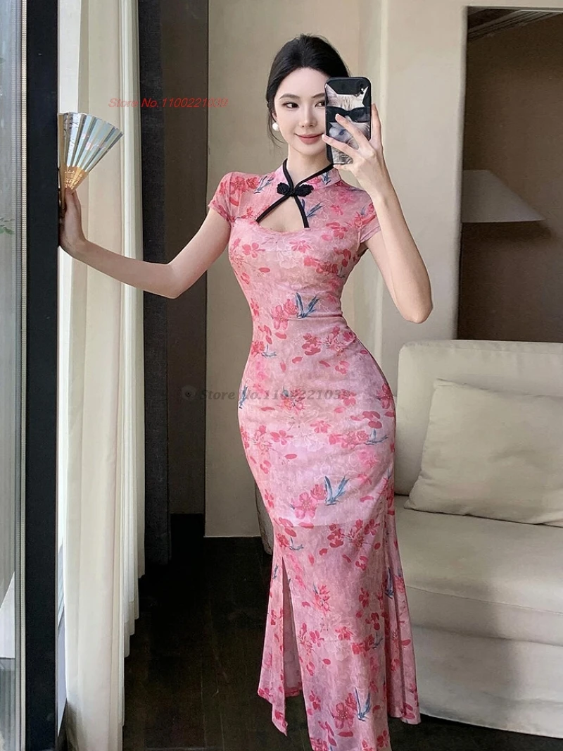 2026-中国ヴィンテージドレスセクシーなメッシュチャイナドレス国花プリントイブニングドレス伝統的なナイトクラブ袍ドレスvestido