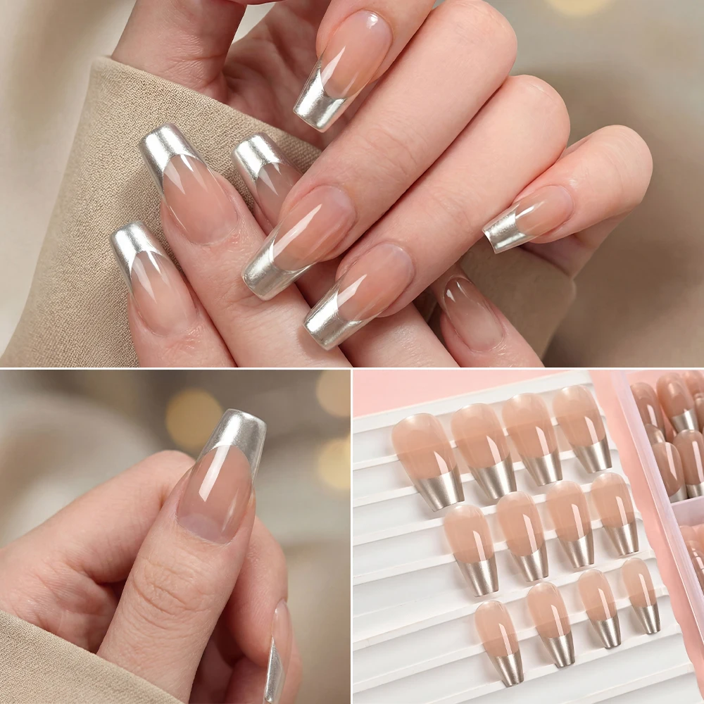

120pcs Classic Silver Chrome French False Nail Mixed Size Trendy Glossy Medium Square Coffin Nude Daily Press On Nails Fake Nail