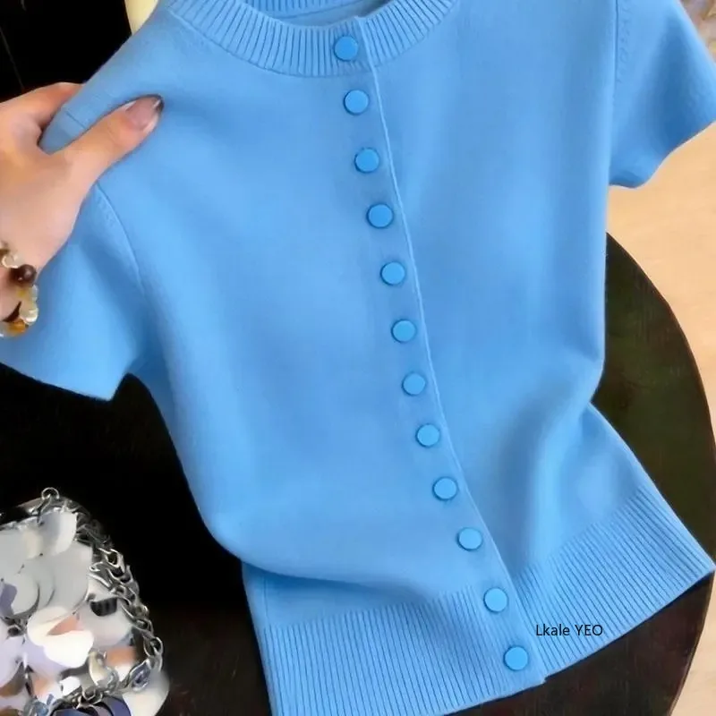 New 2026 Summer Stand-up Collar Short-sleeved Women's Knitted Cardigan Top Casual Single-breasted Solid Color Ladies T-shirt