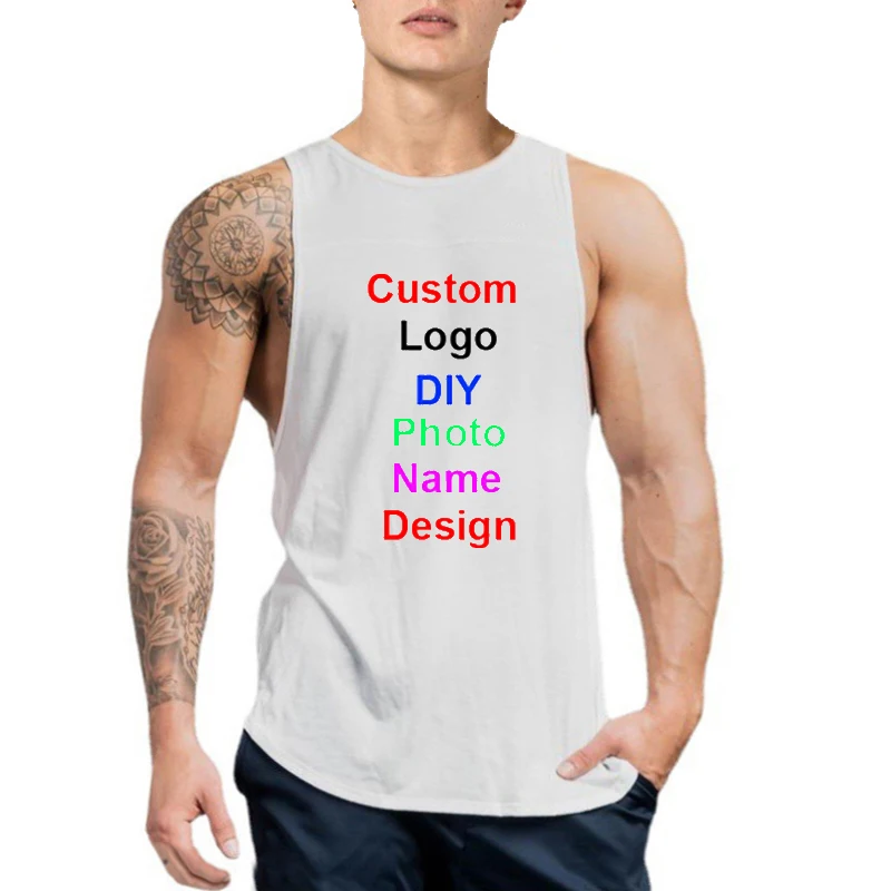 Customized Brand Logo Summer Gym Tank Top Men Cotton Bodybuilding Fitness Sleeveless T Shirt Workout Clothing Mens Muscle Vests