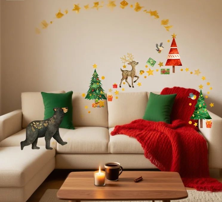 

Christmas Decorations Bear Deer Christmas Tree Wall Stickers Home Festival Decoration For Living Room Children's Room Background