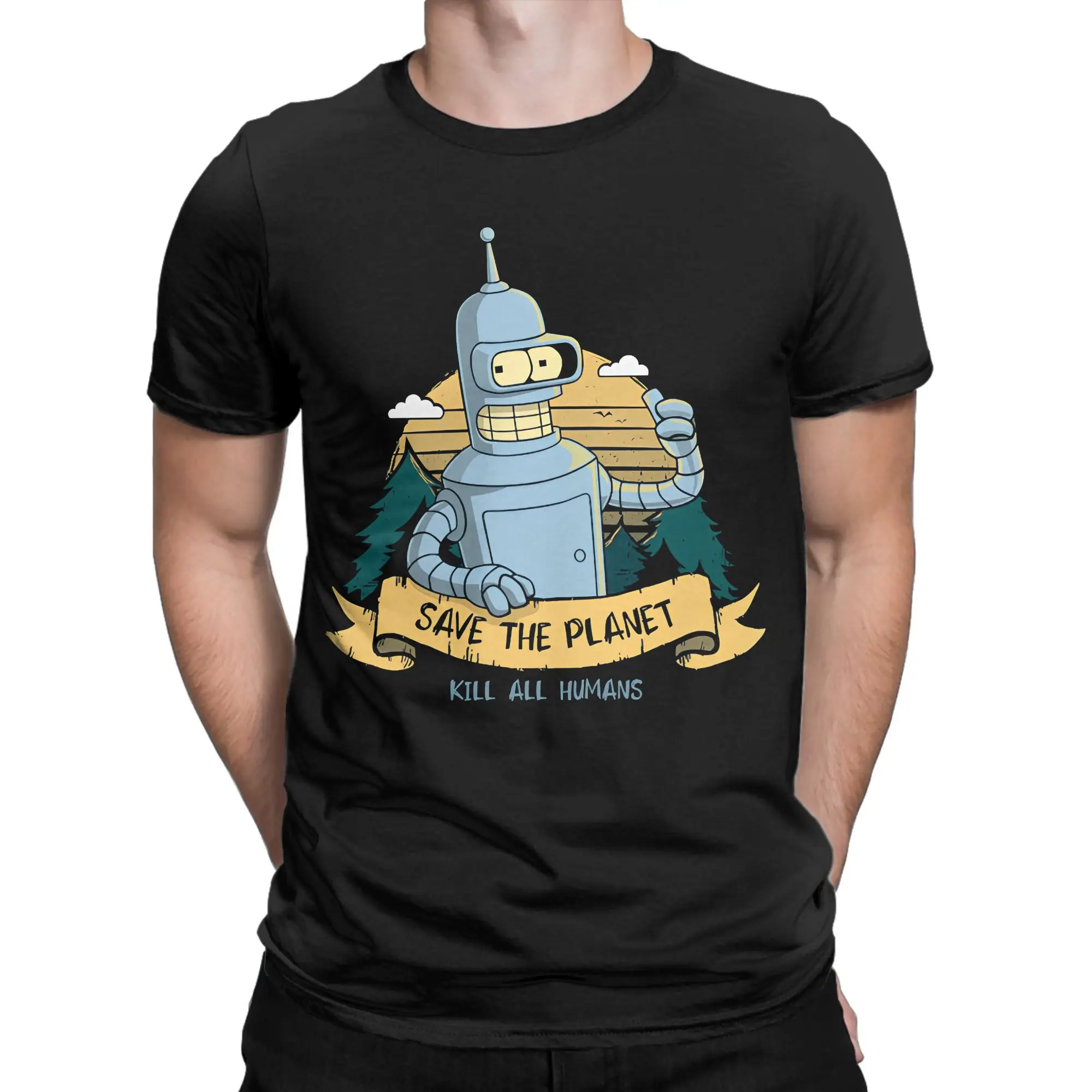 Bendered Save the Planet Kill All Humans Men's T Shirt Cartoon Crazy Tee Short Sleeve Crew Neck T-Shirts Cotton Big Size merch