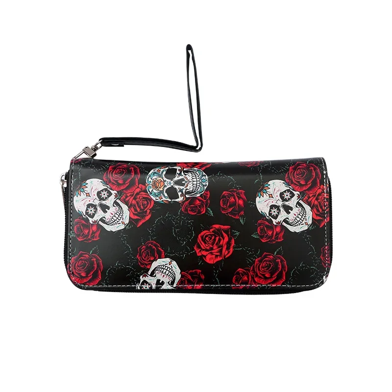 Wallet Color Rose Skull Long Wallet, Retro Skull Print Women\'s Clutch, Zipper Position Randomly