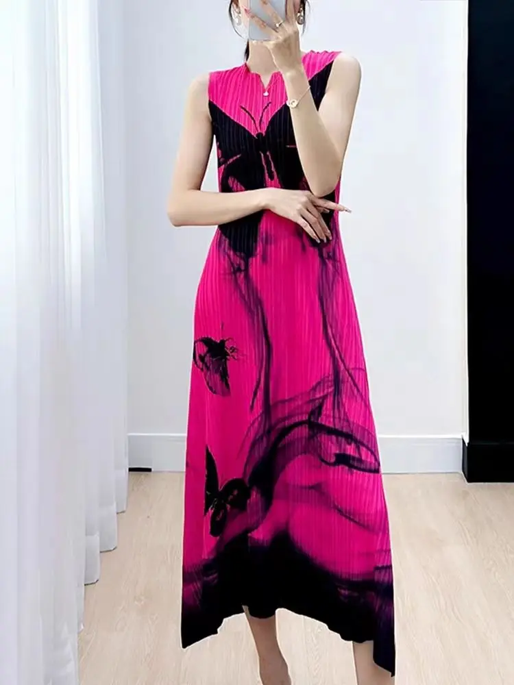 Dress Women's Summer New High end Pleated Butterfly Print Foreigner Style Reduced Age Slim Sleeveless Dress