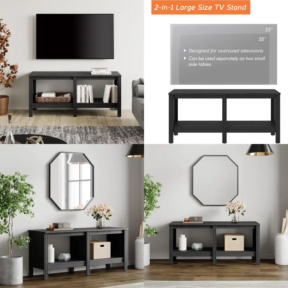 طاولة وحدة تحكم بحامل تلفزيون خشبي لأجهزة التلفاز بشاشة مسطحة مقاس 55 بوصة مع 4 مكعبات تخزين، 47 بوصة باللون الأسود لغرفة المعيشة أو غرفة النوم