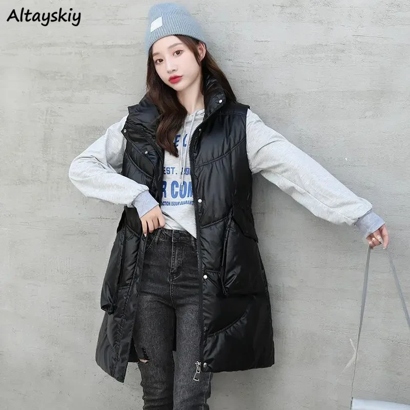 

Stand Collar Parkas Women Sleeveless Longer Trendy Korean-style Winter Warm Pockets Solid Simple Office Ladies All-match Leisure