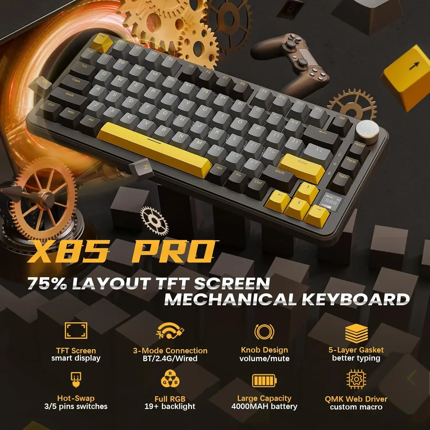 X85Pro  Gaming Keyboard Wireless with Screen/Meta Knobs,RGB Hot-Swap Mechanical Keyboard for Gaming