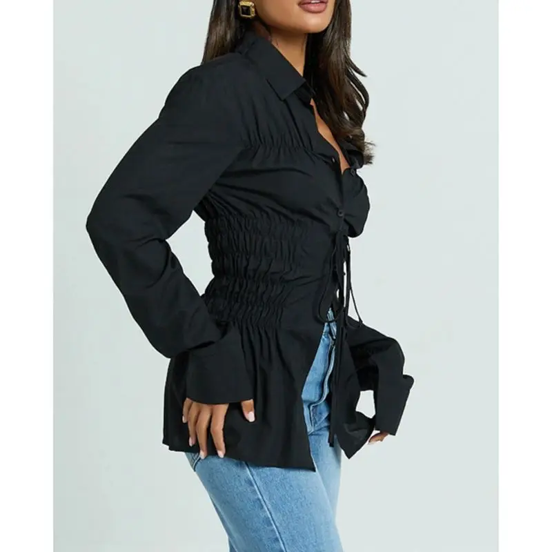 

Combhasaki Women Smocked Ruched Long Sleeve Blouse Solid Color Collared Button-up Bow Tied Slim Fit Tops for Daily Office Travel