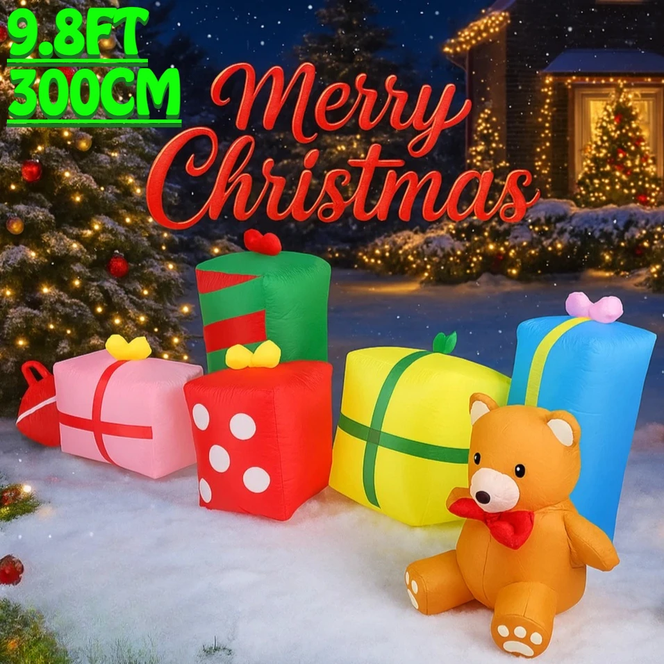 

9.84FT Inflatable Gift Boxes Toy Teddy Bear Xmas Yard Lawn Party Decoration with LED Light Christmas Home Supplies Ornament Gift