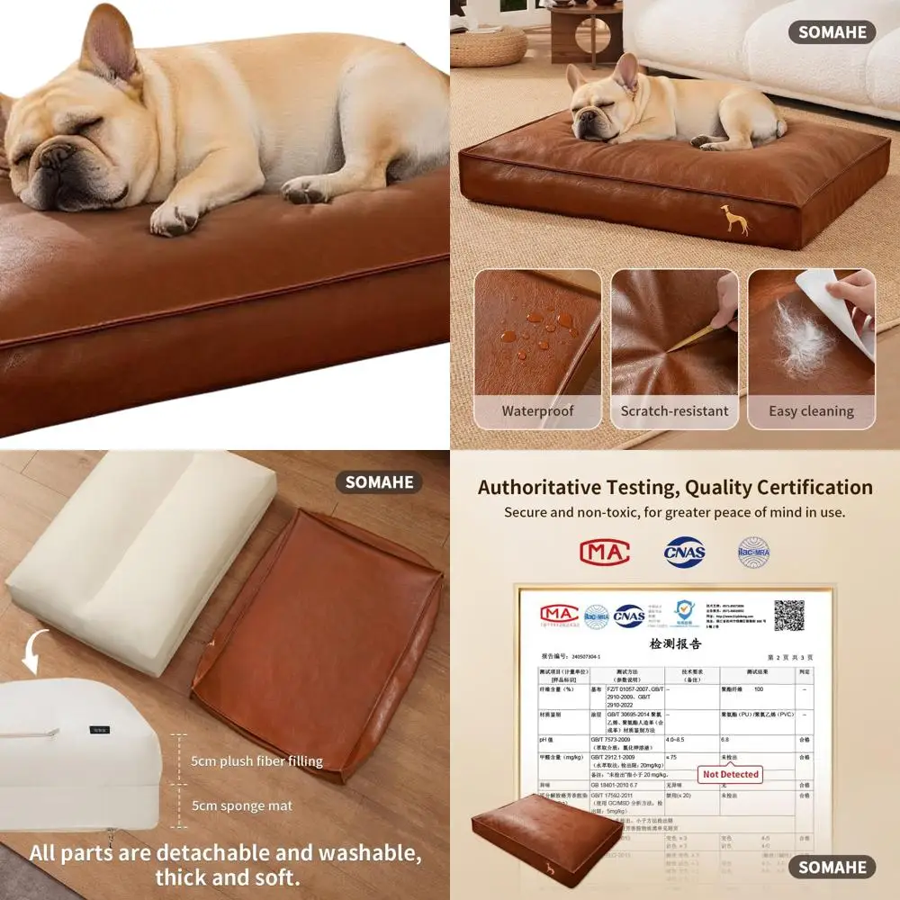 

Ортопедическая средняя кровать для собак со съемным моющимся чехлом из искусственной кожи для маленьких собак, водонепроницаемая, коричневая, 27,5x19,6x4 дюйма