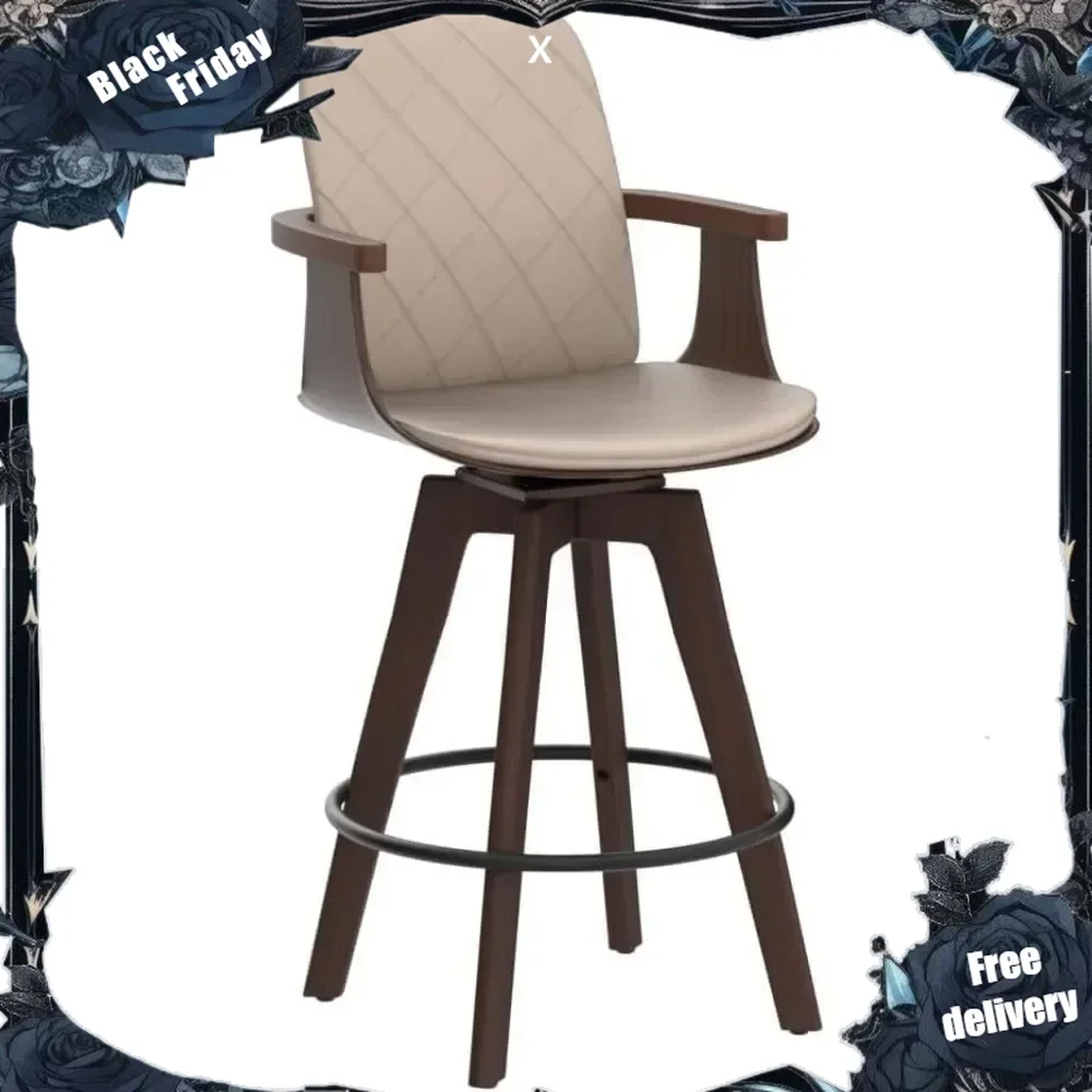 

Upholstered Faux Leather Counter Height Bar Stools, Swivel Barstools with Wooden Arms and Legs, Seat Height