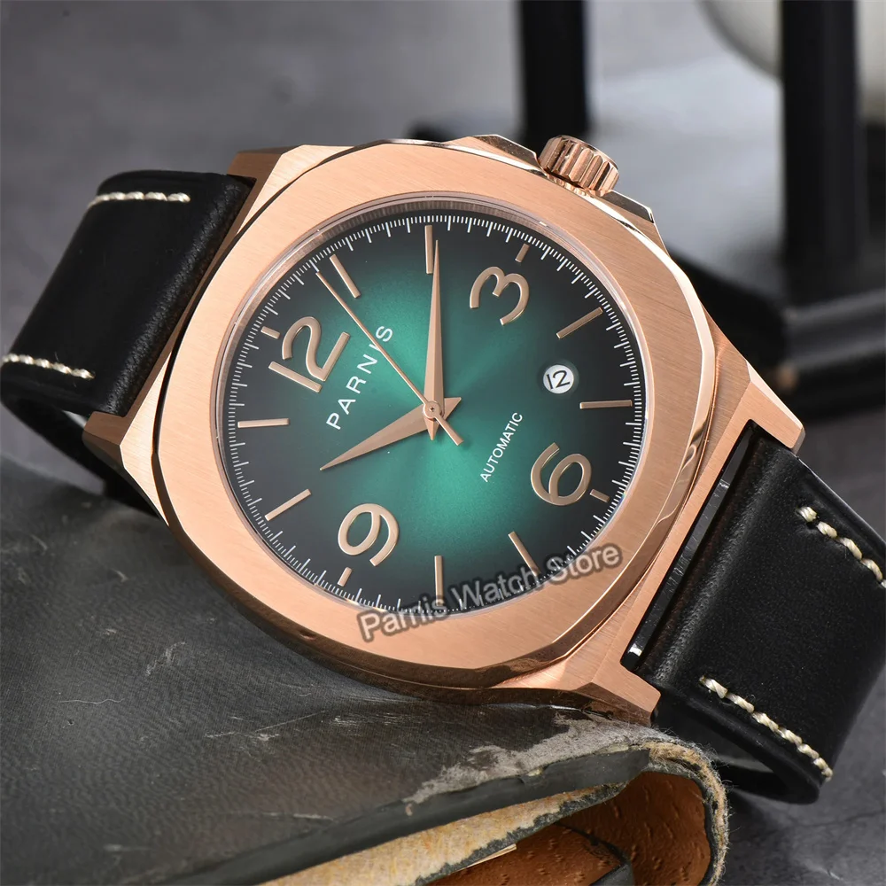 Parnis 42mm Cristal de Safira Miyota8215 Automático Preto Verde Mostrador Masculino Relógio Mecânico