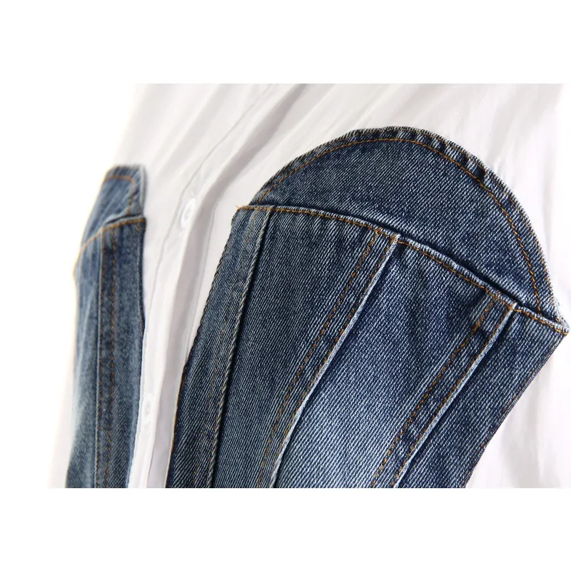 Women's Spring Autumn Shirt Jacket Fake Two Pieces Cowboy Splicing Outwear Design Luxury Brand Simple Fashion Comfortable Soft