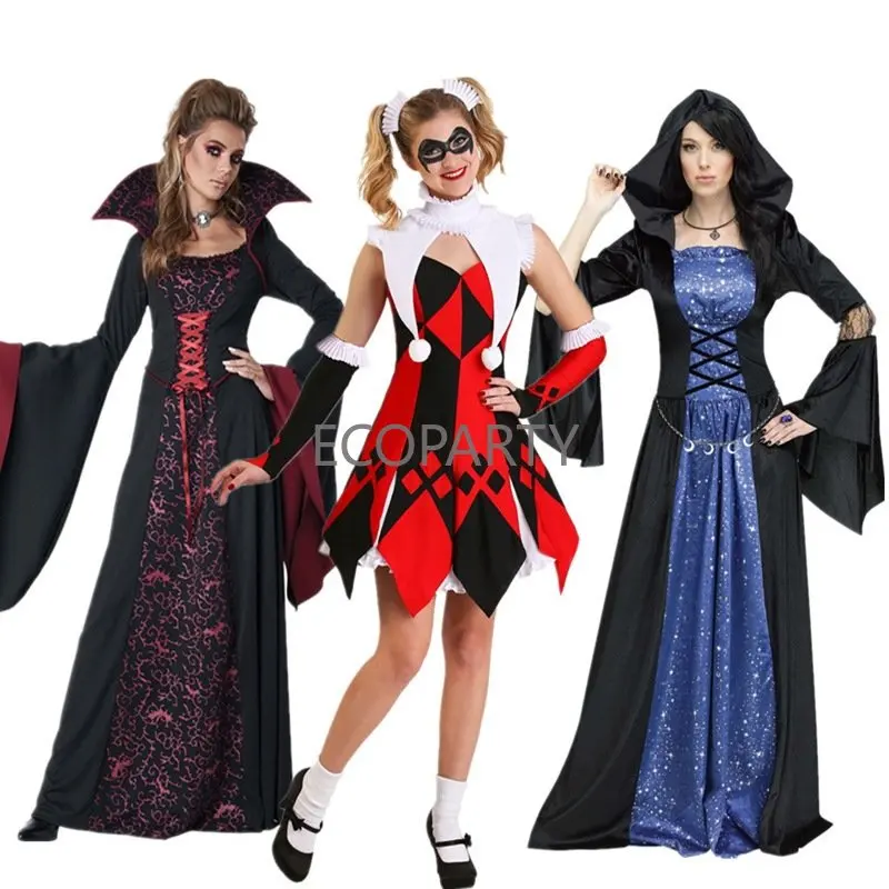 

2023 New Adult Women Victorian Witch Joker Cosplay Dress Medieval Costume Long Sleeve Renaissance Palace Vampire Halloween Dress