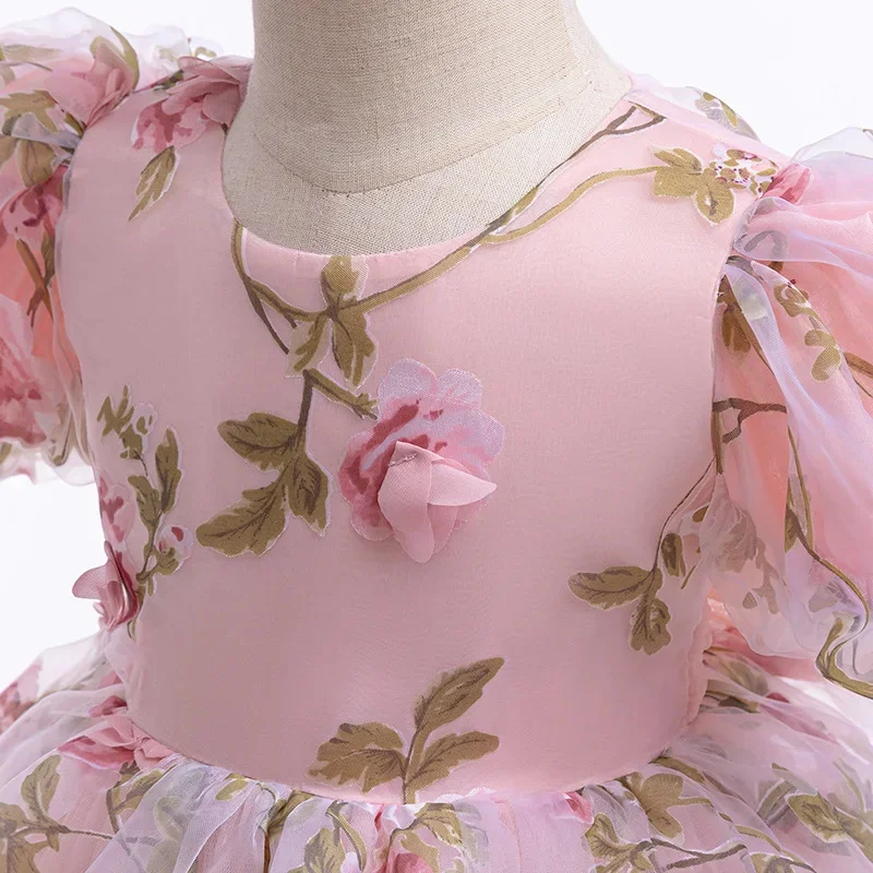 Elegantes Festliches Mädchenkleid Blumenmuster Tüll Prinzessinnenkleid Geburtstagsgeschenk Kinder Sommerkleid Luxuriöses Abendkleid Vestido Ballkleid – Detail 5