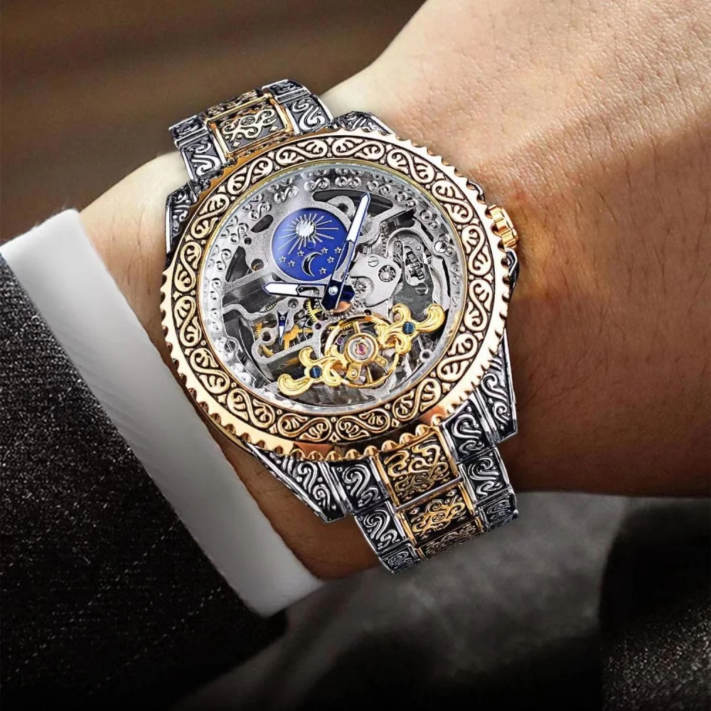 High-End Retro Men's Fully Automatic Mechanical Skeleton Watch, Engraved Craftsmanship, Light Luxury Design, Waterproof Luminous Men's Business Casual Wristwatch, Popular Retro Chinese Style Embossed Men's Mechanical Watch