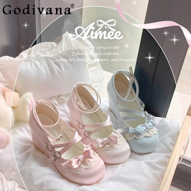 レディース向け和風ロリータシューズ 可愛いスイートドール ヴィンテージ ハイヒールパンプス 女性用 春夏 ピンクのリボンレースシューズ