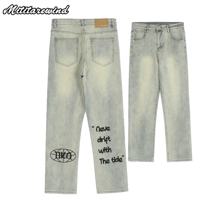 

Wide Leg Loose Baggy Jeans Autumn Casual Trousers Letter Print Hip Hop Solid Distressed Wash Ins American Vibe Straight Pants