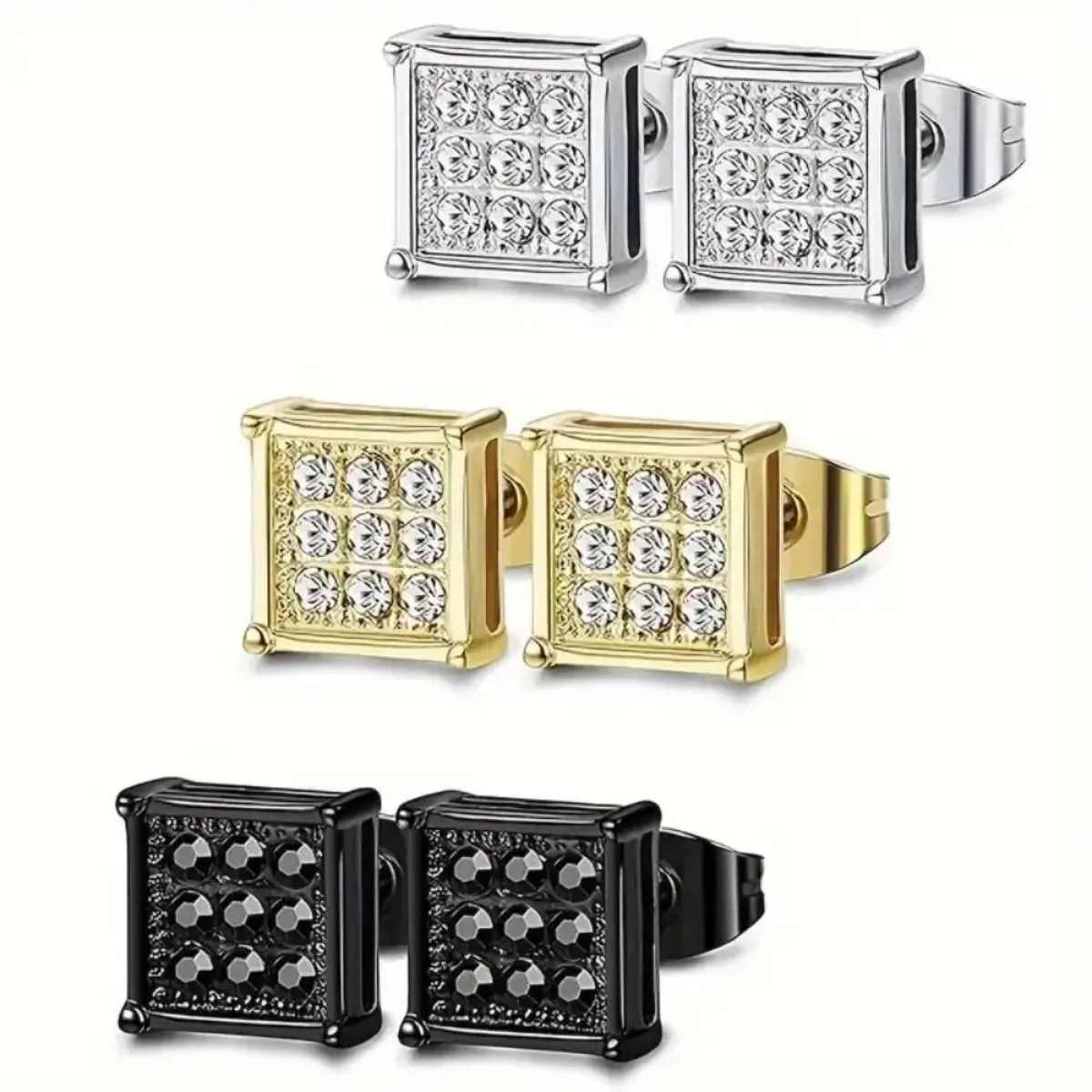 2 uds pendientes de tuerca de acero inoxidable para hombres y mujeres pendientes cuadrados CZ para hombres joyería para orejas sensibles moda Hip Hop Y2K