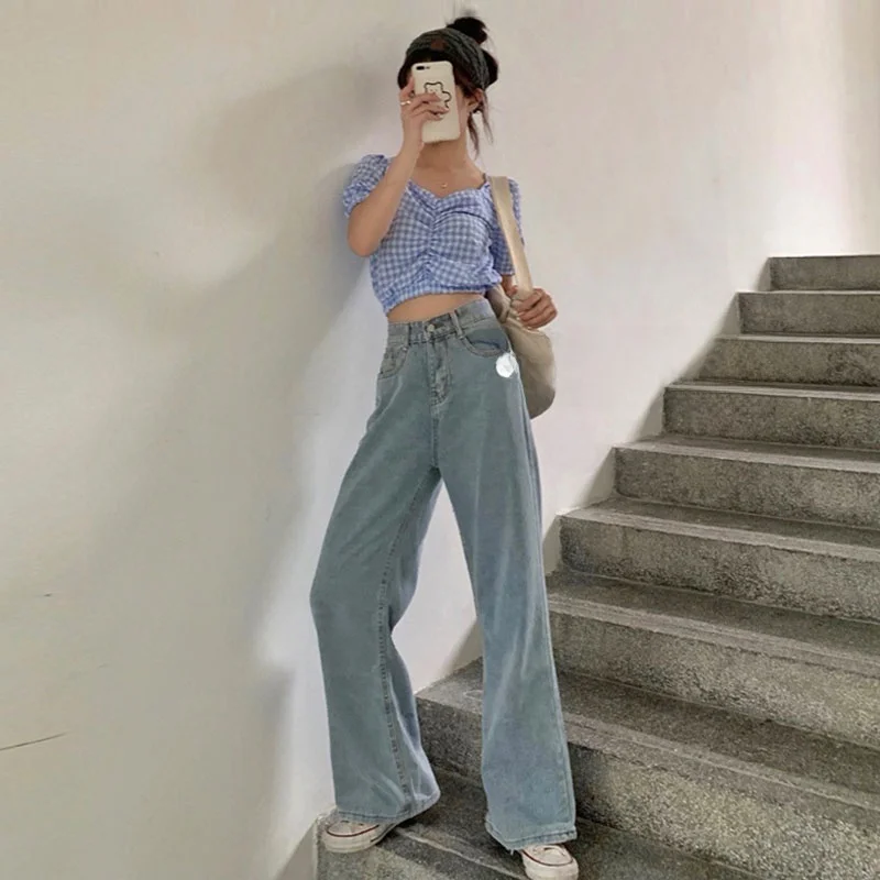 

Женские джинсы больших размеров с высокой талией, светлые, прямого кроя, свободные, элегантные, в пол, для полных женщин